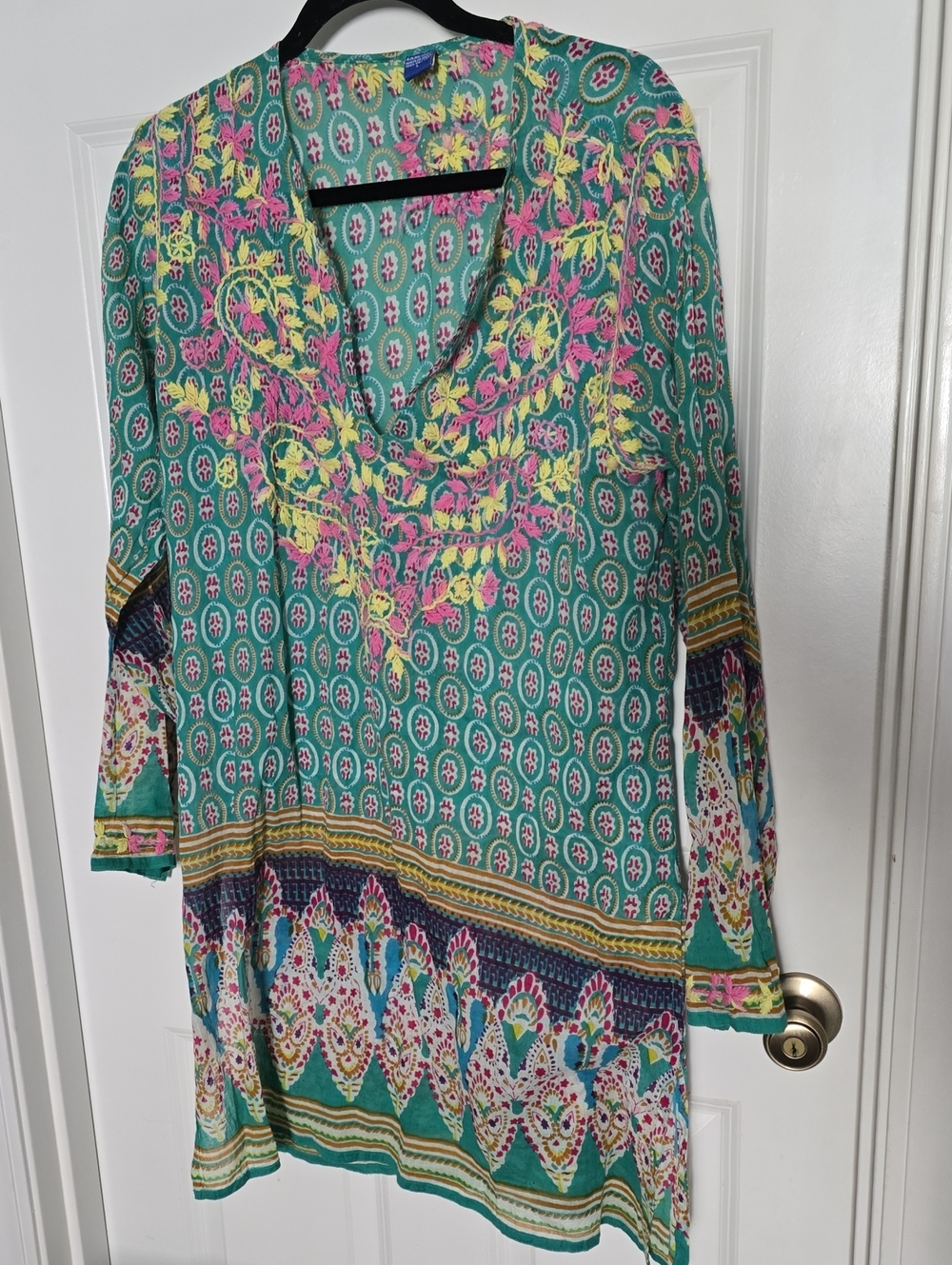 Raj Teal Tunic Top with Pink and Yellow Embroidery